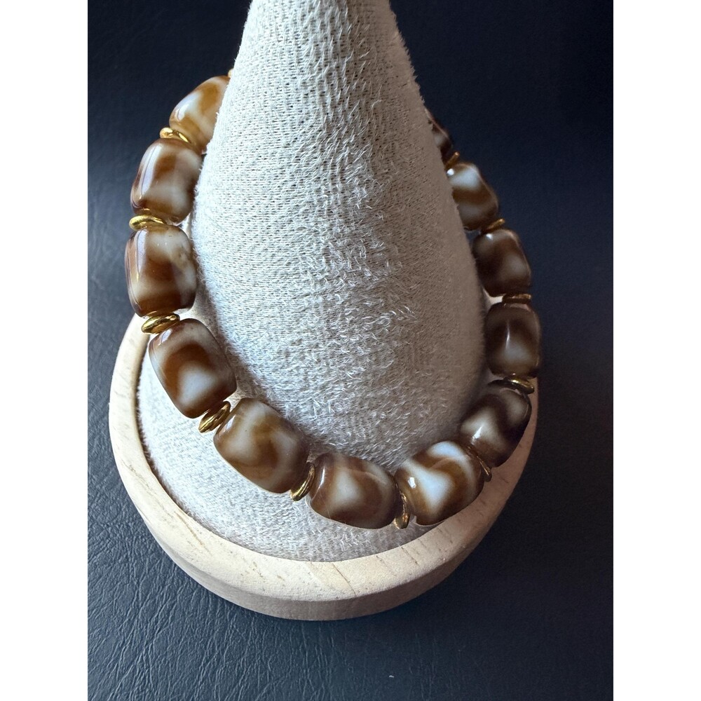 Tibetan Natural Agate Dzi Bracelet Tiger Stripe Wave Pattern Gold Accent 16cm